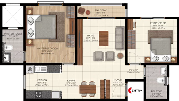 Brigade Valencia 2BHK 2T-TYPE 2A