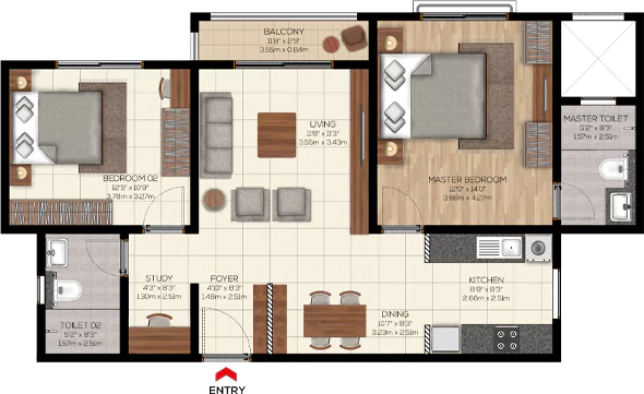 Brigade Valencia 2 BHK 2T + STUDY - TYPE 2F